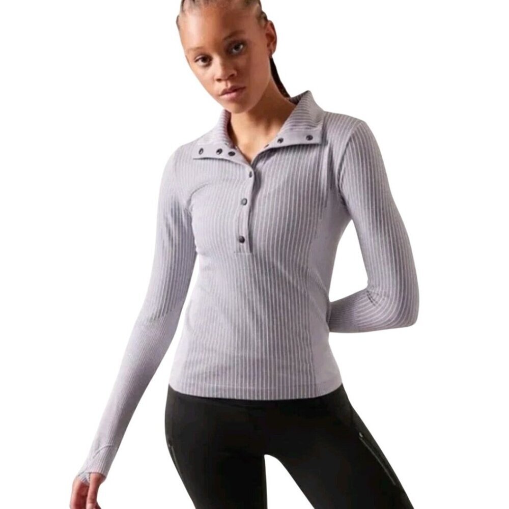Athleta Flurry Seemless Henley Top Collared Snap Closure Subtle Stripe Size